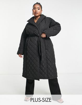 Forever New Curve quilted wrap longline coat in black
