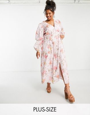 Forever New Curve tiered sleeve button midaxi dress in rose floral - ASOS Price Checker