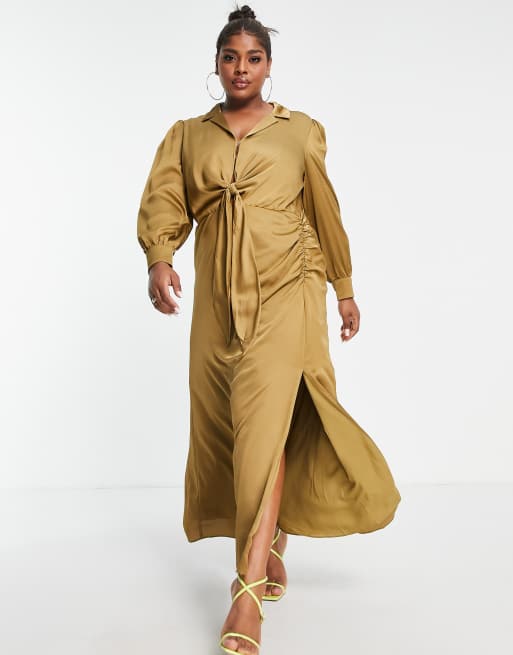Forever New Curve - Robe chemise mi-longue froncée nouée devant - Olive, 4 de 4