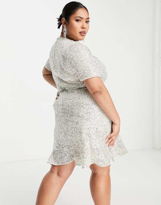 Forever New Curve - Robe courte à sequins avec ourlet à volants et mancherons - Argenté, 4 de 4