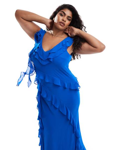 Forever New Curve - Robe longueur mollet asymétrique à volants - Bleu de cobalt - view 1