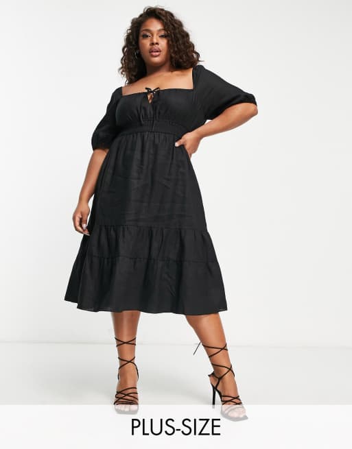 Forever New Curve - Robe mi-longue à volants étagés et manches bouffantes - Noir