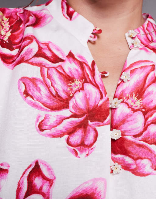 Forever New Curve - Robe patineuse courte boutonnée avec liens à nouer - Rose fleuri, 2 de 4