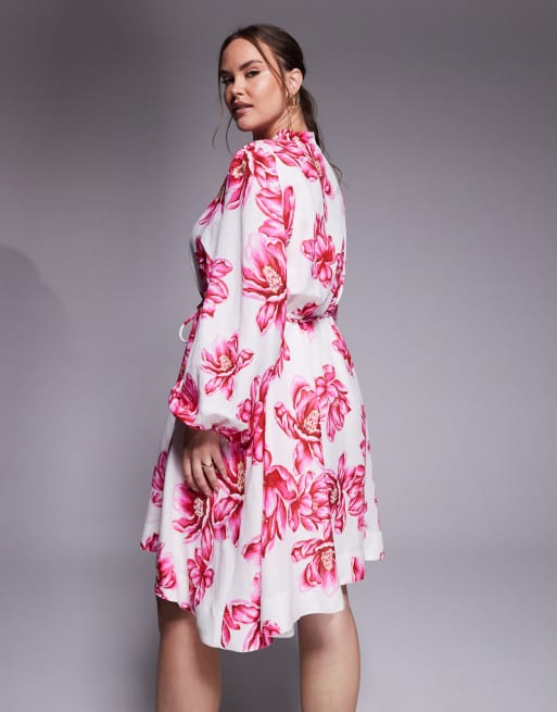 Forever New Curve - Robe patineuse courte boutonnée avec liens à nouer - Rose fleuri, 3 de 4