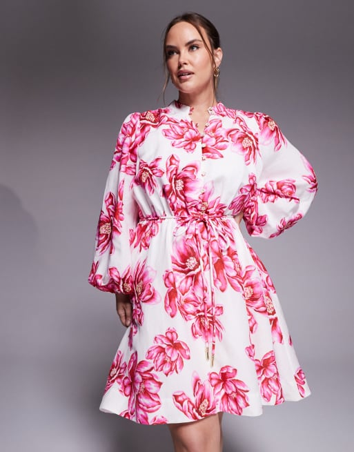 Forever New Curve - Robe patineuse courte boutonnée avec liens à nouer - Rose fleuri, 4 de 4