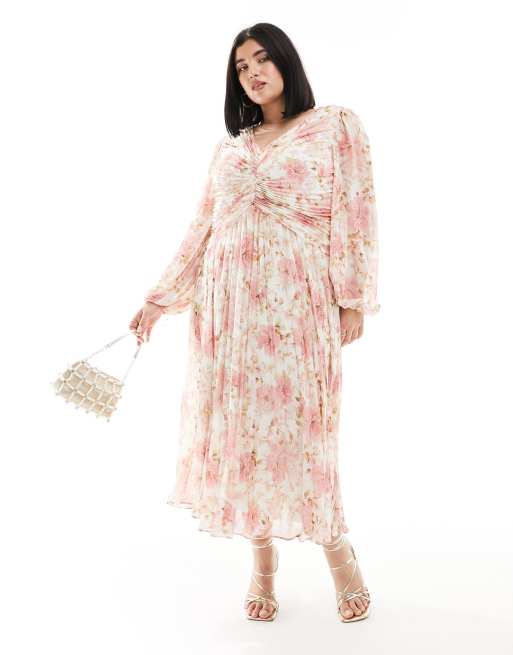Forever New Curve - Robe plissée longueur mollet à fronces et imprimé fleuri - Rose