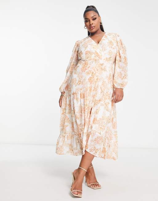 Forever New Curve - Robe portefeuille mi-longue à motif fleuri - Abricot