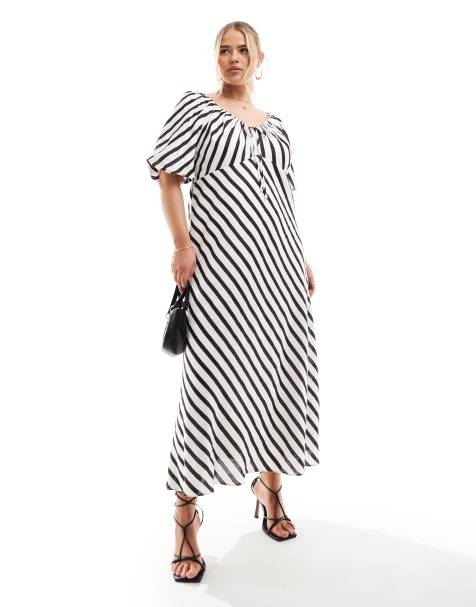 Forever New Curve - Robe rayée longueur mollet à manches bouffantes - Marron/crème - view 1