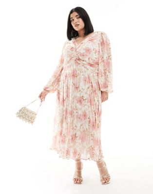Forever New Curve ruched pleated midaxi dress in pink floral