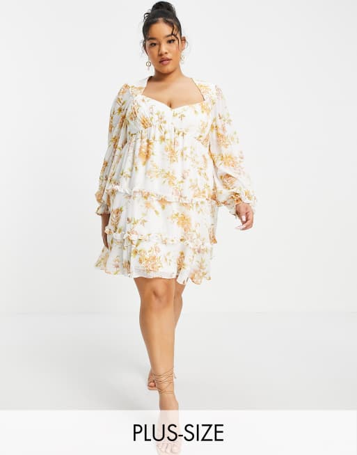 Forever New Curve ruffle baby doll skater dress in antique peach floral