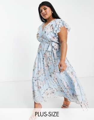 Forever New Curve ruffle shoulder midi dress in blue floral-Green, Compare