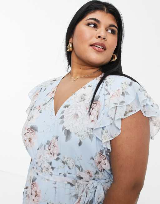 Forever New Curve ruffle shoulder midi dress in blue floral, 2 of 4