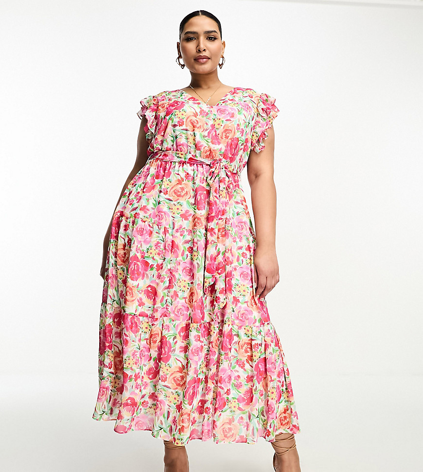 Forever New Curve ruffle shoulder midi dress in pink floral