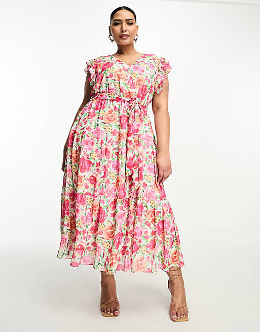 Forever New Curve ruffle shoulder midi dress in pink floral | ASOS