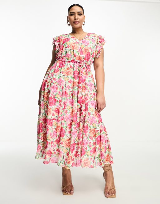 Forever New Curve ruffle shoulder midi dress in pink floral | ASOS