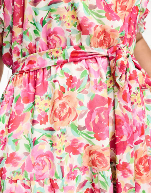 Forever New Curve ruffle shoulder midi dress in pink floral