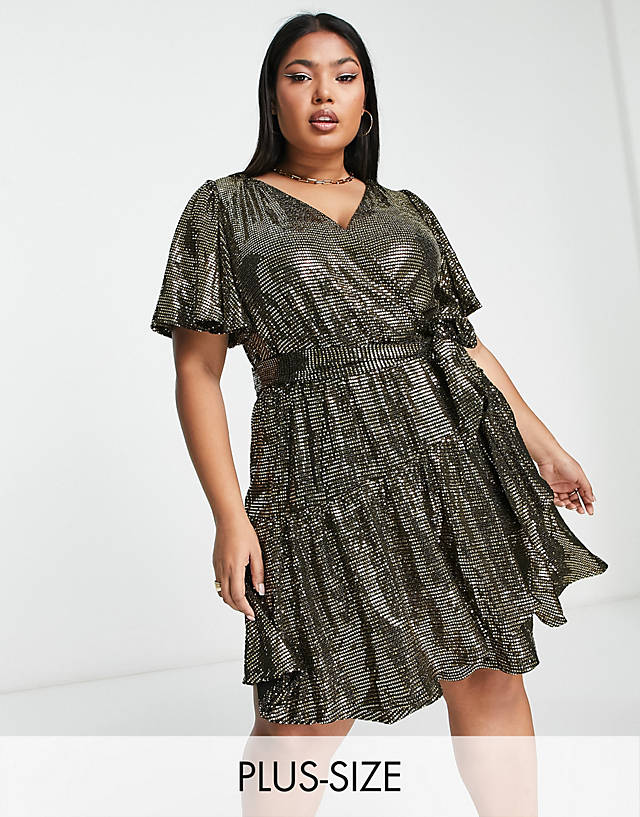 Forever New Curve - ruffle wrap sequin mini dress in gold
