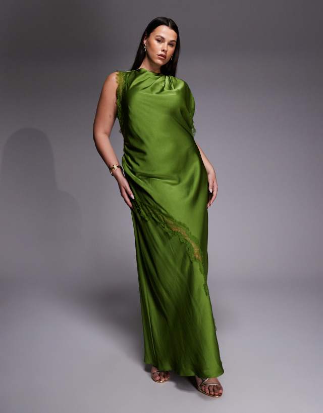 Forever New Curve satin and lace asymmetric shoulder maxi dress in green