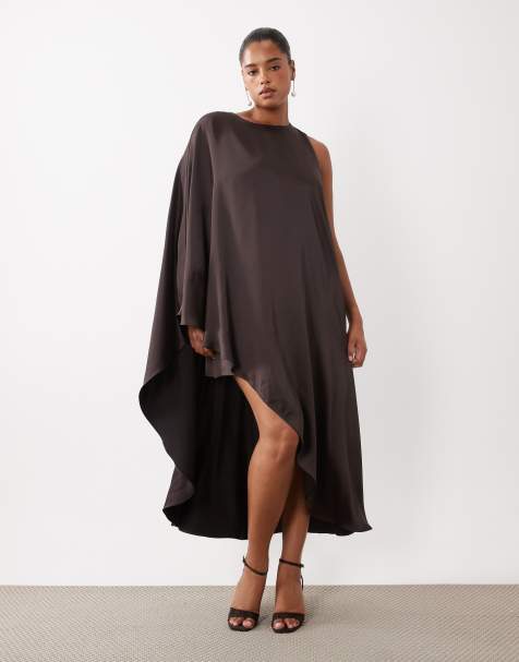 Forever New Curve satin asymmetric one sleeve mini dress in chocolate - view 1