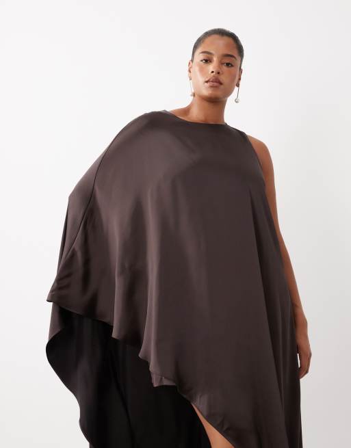Forever New Curve satin asymmetric one sleeve mini dress in chocolate, 4 of 4