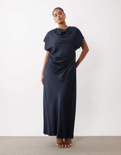 Forever New Curve satin high cowl neck tuck side detail bias maxi dress in navy - view 1