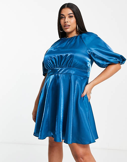 Forever New Curve satin ruffle hem dress with bow back in blue