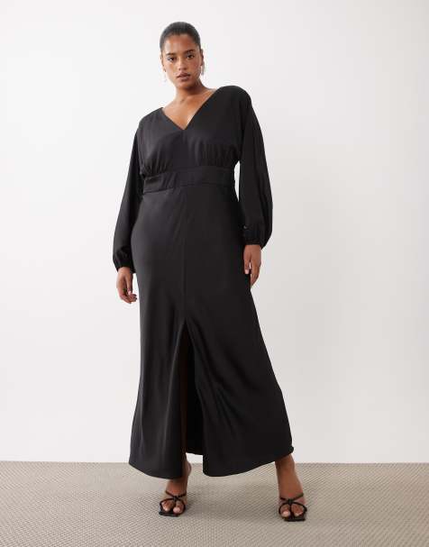Forever New Curve satin v neck batwing slit front maxi dress in black - view 1