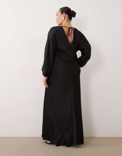Forever New Curve satin v neck batwing slit front maxi dress in black, 2 of 4