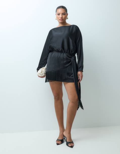Forever New Curve satin fringe tie detail mini dress in black