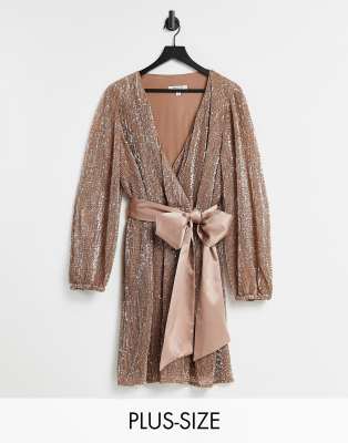 Forever New Curve sequin wrap mini dress in copper-Pink