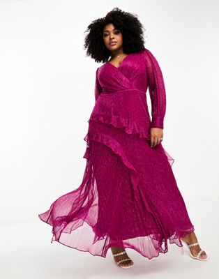 Forever New Curve sheer sleeve cut-out plisse maxi dress in hot pink - ASOS Price Checker