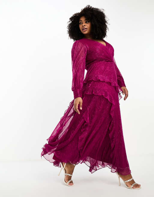 Forever New Curve sheer sleeve cut out plisse maxi dress in hot pink