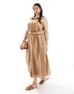 Forever New Curve sleeveless belted linen shirt dress in brown