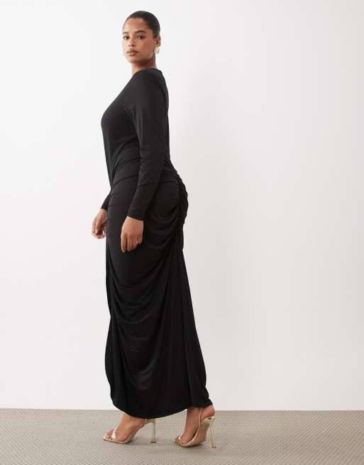 Forever New Curve slinky high neck draped maxi dress in black, 4 of 4