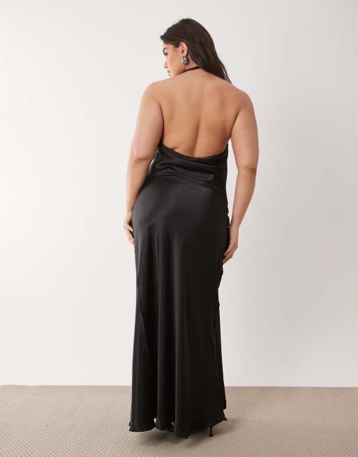 Forever New Curve - Sort maxikjole med halterneck og knude foran i satin, 3 af 4