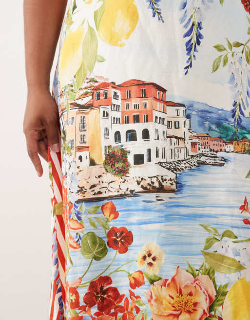 Forever New Curve square neck cami strap midi dress in postcard print, 3 of 4