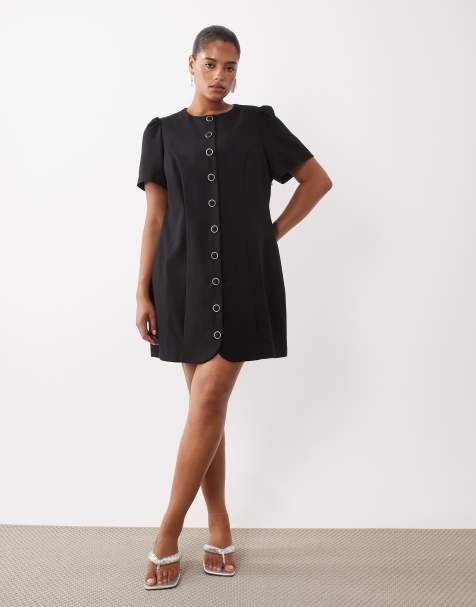Forever New Curve structured puff sleeve button down mini dress in black - view 1