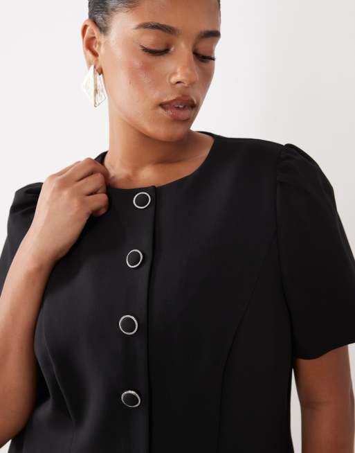 Forever New Curve structured puff sleeve button down mini dress in black, 2 of 4