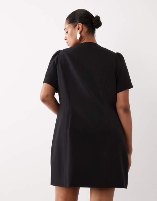 Forever New Curve structured puff sleeve button down mini dress in black, 4 of 4