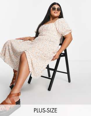 Plus-size dress by Forever New Great lengths Floral print Square neck Puff sleeves Tie detail Regular fit