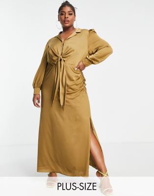 Forever New Curve Forever New Curve tie front ruched shirt midi dress in olive-Green