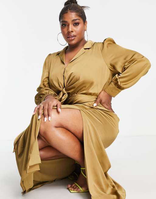 Forever New Curve tie front ruched shirt midi dress in olive, 3 of 4
