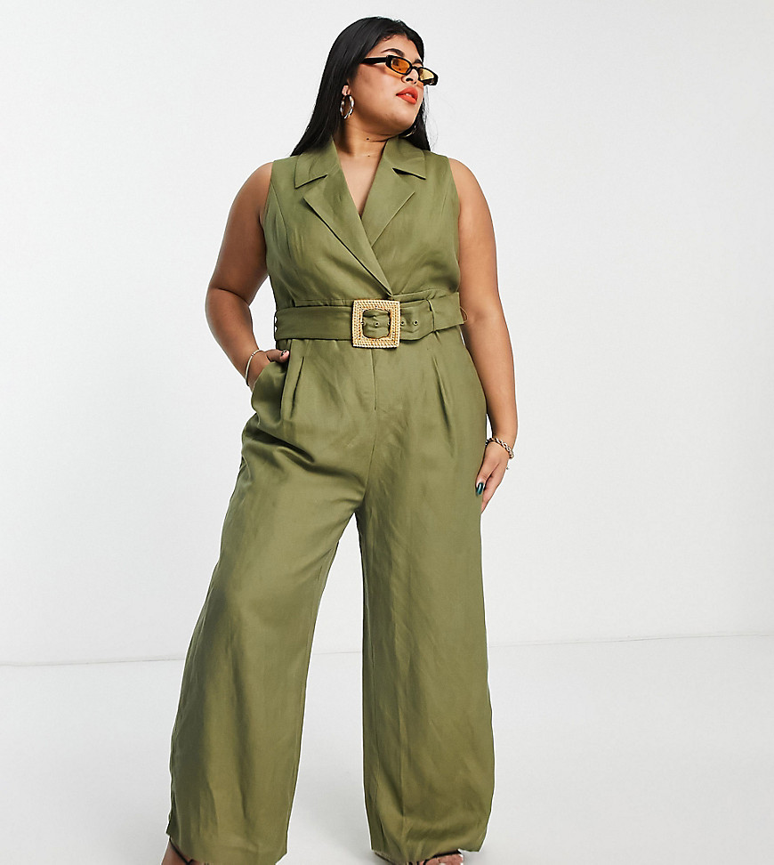 Forever New Curve Tie Waist Wide Leg Jumpsuit In Olive-Green