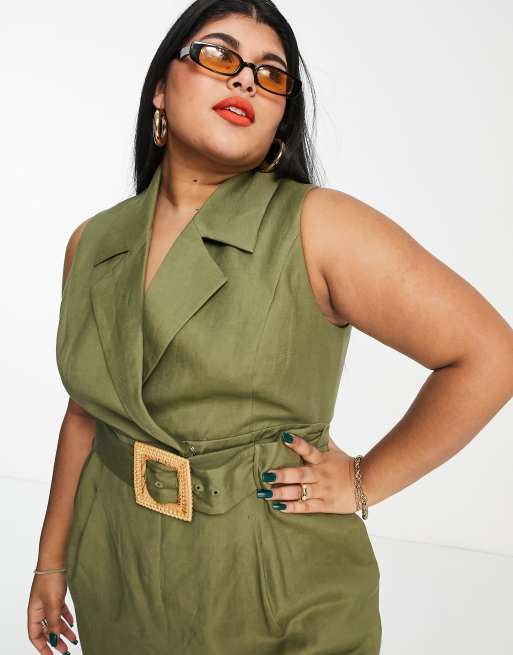 Forever New Curve tie waist wide leg jumpsuit in olive, 2 of 4