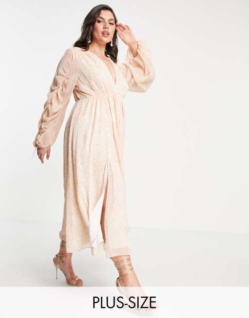 Forever New Curve – Tief ausgeschnittenes Midaxikleid mit gerafften Ärmeln und zartem Leopardenmuster