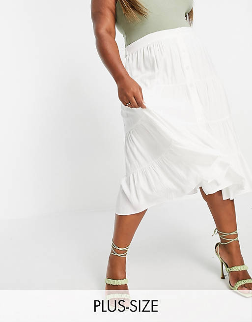 Forever New Curve tiered cotton poplin midi skirt in white