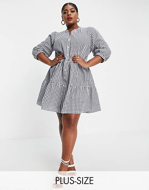 Forever New Curve tiered shirt mini smock dress in navy gingham print