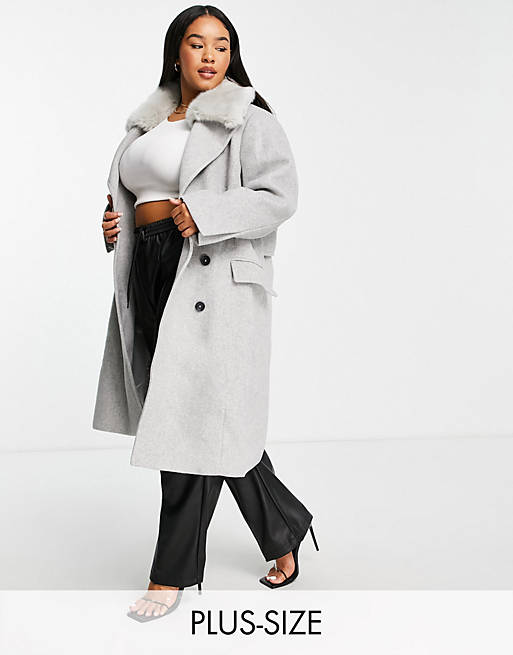 Forever New Curve top faux fur collar coat in grey