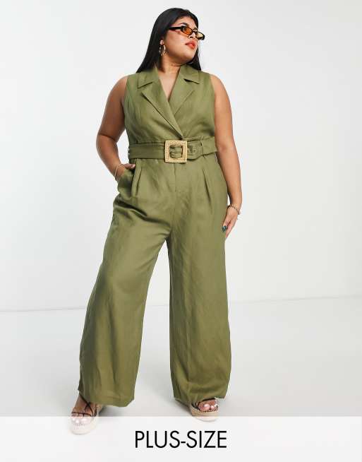 Forever New Curve - Tuta jumpsuit con fondo ampio verde oliva allacciata in vita