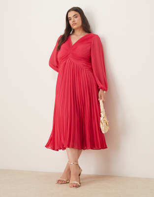 Forever New Curve v-neck pleated midi dress in pink